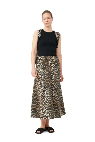Ganni Leopard-print Organic Cotton-poplin Midi Skirt In Animal Print