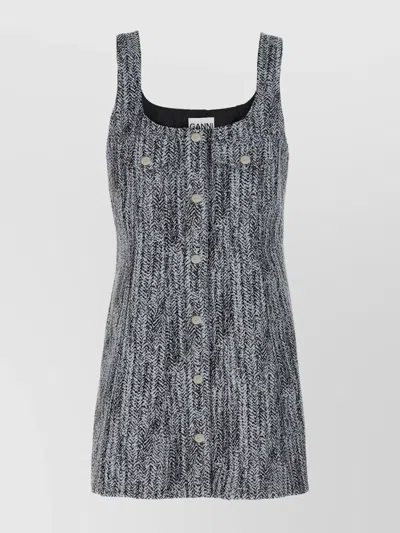 Ganni Sleeveless Scoop Neck Textured Button Dress In Gray
