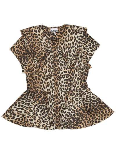 Ganni Sleeveless Shirt With Print In Brown