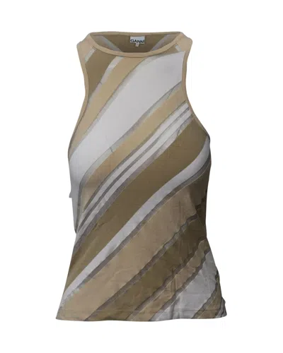 Ganni Sleeveless Striped Tank Top In Multicolor Viscose In Green