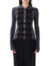 Ganni Slim-fit Knitted Polo Shirt With Check Pattern In Blue