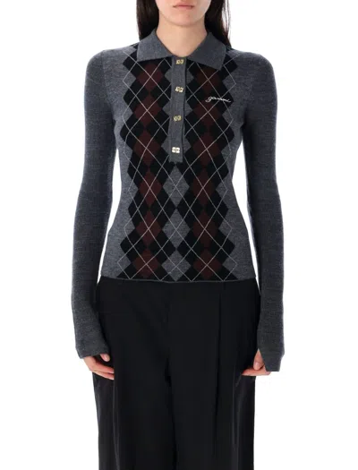 Ganni Slim-fit Knitted Polo Shirt With Check Pattern In Blue