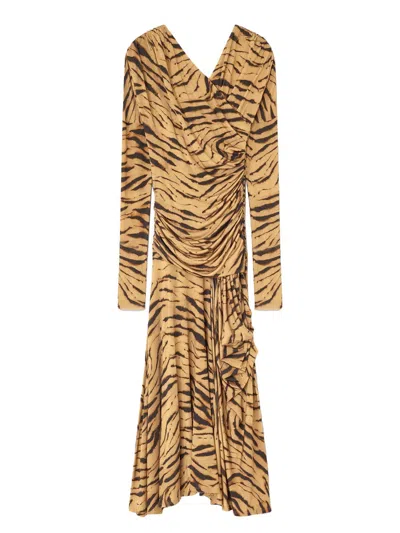 Ganni Slim Fit Long Dress With Zebra Print For Women In Animal Print