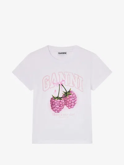 Ganni Slim-fit Graphic T-shirt With Raspberry Print And Logo In Bianco