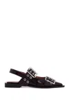 Ganni Buckled Eyelet-embellished Recycled Denim Ballet Flats In Burgundy