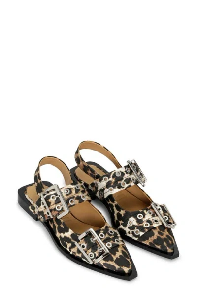 Ganni Multicolor Ballet Shoes With Double Buckle And All-over Leopard Print In Tech Fabric Woman