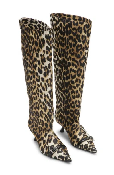 Ganni Slouchy Pointed Toe Kitten Heel Knee High Boot In Leopard