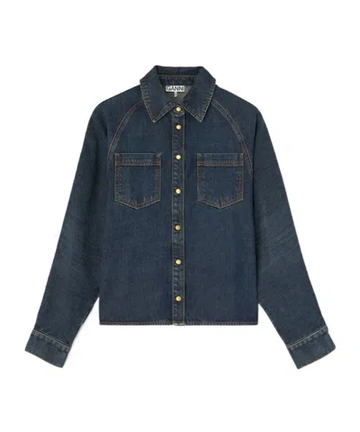 Ganni Slub Mix Denim Batwing Shirt In Blue