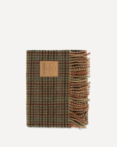 Ganni Small Check Wool Scarf In Marrone