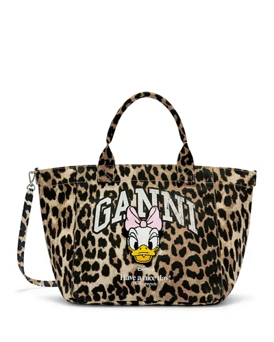 Ganni Small Daisy Duck Leopard Print Shopper Tote In Animal Print