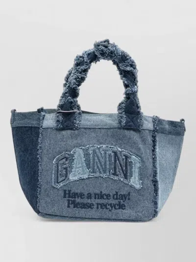 Ganni Small Denim Tote Bag Dual Handles In Blue