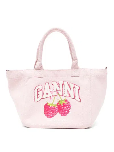 Ganni Small Easy Shopper Raspberry Print In Black