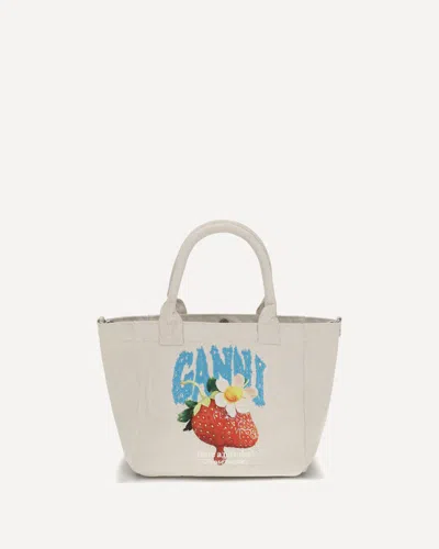 Ganni Small Easy Shoulder Bag With Strawberry Print In Beige