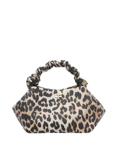 Ganni Bou Brown Mini Handbag With Braided Handle And All-over Leopard Motif In Fabric Woman In Animal Print