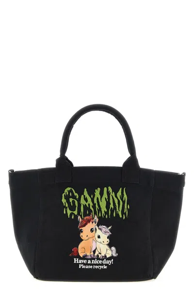 Ganni Small Logo-print Tote Bag In Black