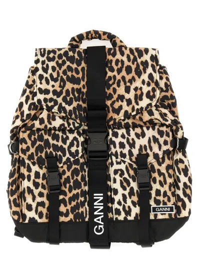 Ganni Small Recycled Tech Fabric Backpack In Leopard Print In Orange