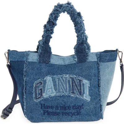 Ganni Small Trapeze Denim Shopper Bag In Blue