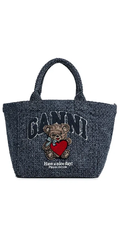 Ganni Small Trapeze Shopper Bear Tweed Denim Tote Rinse In Blue