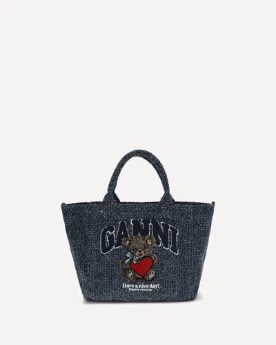 Ganni Small Tweed-effect Denim Tote Bag In Blue