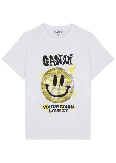 Ganni Smiley Printed Cotton T-shirt In White