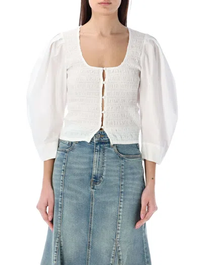 Ganni Smocked Cotton-poplin Cropped Blouse In White