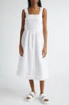 Ganni Cotton Poplin Midi Strap Smock Dress Bright White In Bright White