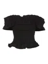 Ganni Off-the-shoulder Shirred Cotton-poplin Top In Black