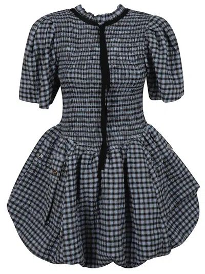 Ganni Smocked Bodice Dress With High Neckline In Blue