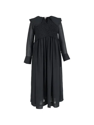 Pre-owned Ganni Smocked Bodice Long Sleeve Dress In Black