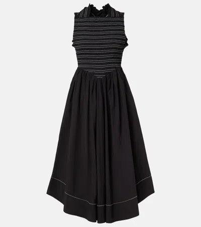 GANNI SMOCKED COTTON-BLEND MIDI DRESS