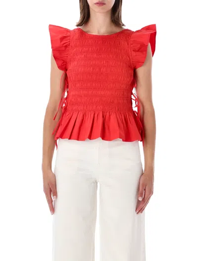 Ganni Smocked Cotton Flutter Sleeve Top In Red