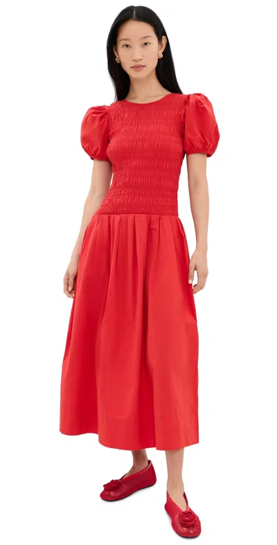 Ganni Smocked Dress Pleated Skirt Puff Sleeves In Red
