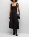 Ganni Black Cotton Poplin Midi Strap Smock Dress In Black