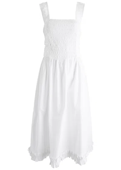 Ganni Smocked Cotton-poplin Midi Dress In White