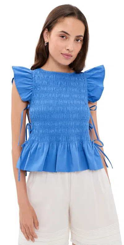 Ganni Smocked Cotton Flutter-sleeve Top In Multi