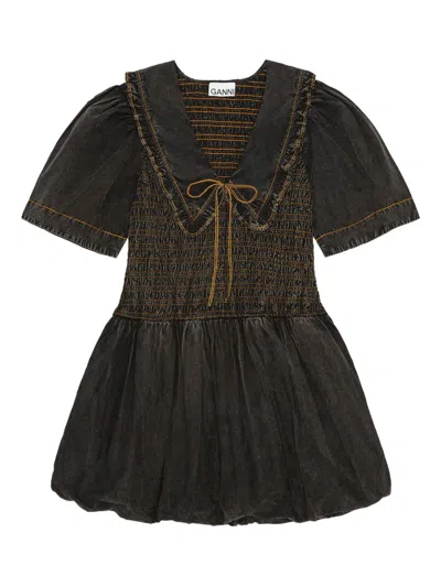 GANNI SMOCKED DRESS WITH PUFF SLEEVES