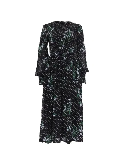 Pre-owned Ganni Smocked Floral-print Dress In Black