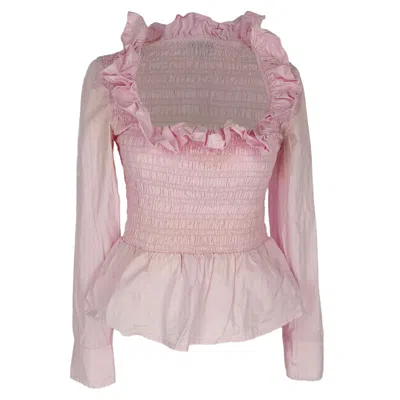 Pre-owned Ganni Smocked Long Sleeve Blouse In Pink Cotton