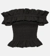 Ganni Off-the-shoulder Shirred Organic Cotton-poplin Top In Black