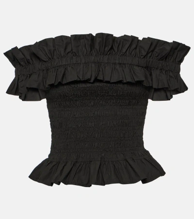 Ganni Smocked Off-shoulder Cotton Poplin Top In Black