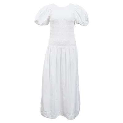 Pre-owned Ganni Smocked Poplin Midi Dress In White Organic Cotton