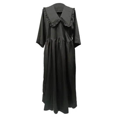 Ganni Smocked Ruffled Collar Maxi Dress In Black Polyester