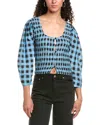 Ganni Smocked Silk-blend Blouse In Blue