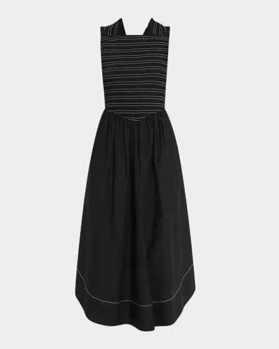 Ganni Smocked Stretch Cotton Sleeveless Midi Dress In Black