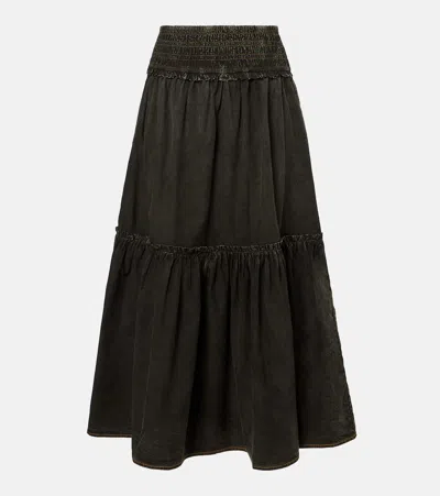 Ganni Smocked Tiered Cotton Maxi Skirt In Black
