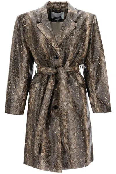 Ganni Snake-effect Faux Leather Trench Coat In Brown