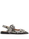 Ganni Buckled Eyelet-embellished Snake-effect Recycled Faux Patent-leather Ballet Flats In Neutrals