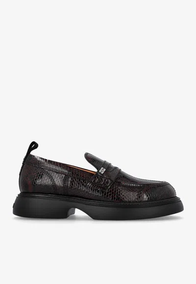 Ganni Snake Print Leather Loafers In Burgundy