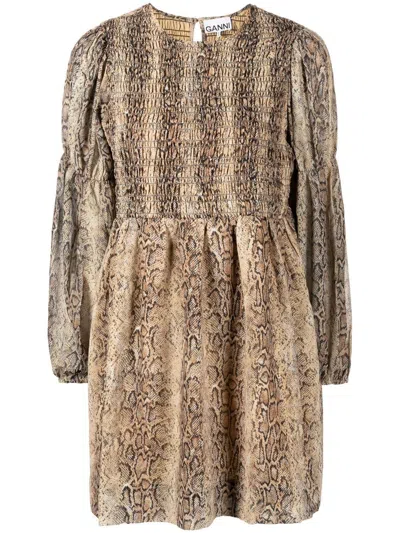 Ganni Snake-printed Smocked A-line Mini Dress In Brown