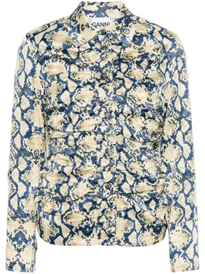 Ganni Fitted Button-front Crinkled Satin Shirt In Multi